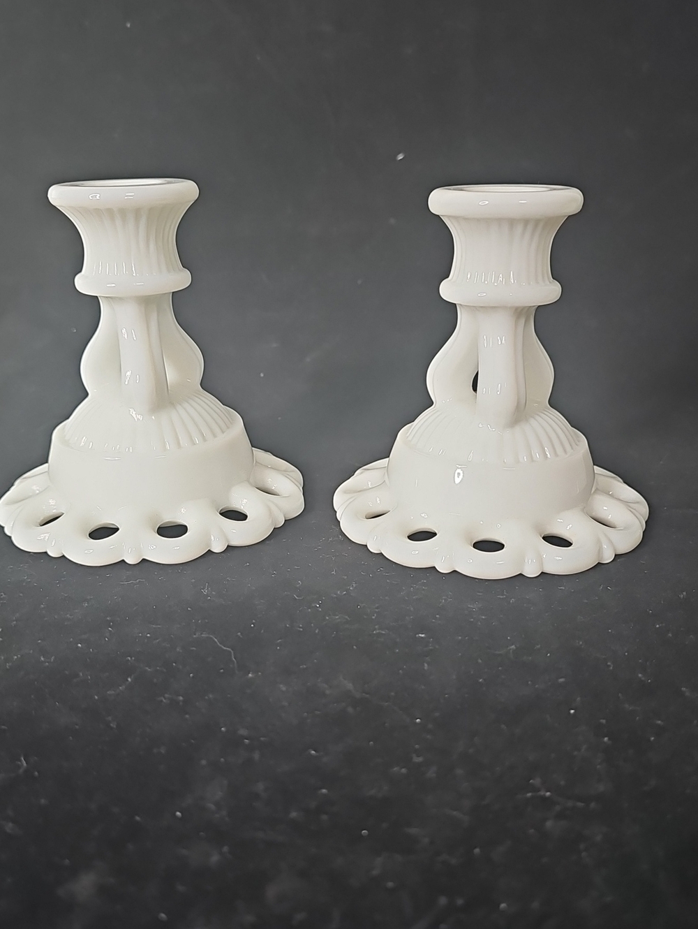 Vintage Westmoreland White Milk Glass Scalloped Edge Candle Holders - Pair